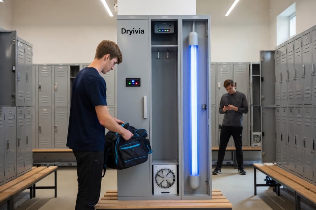 Sportif utilisant le casier Dryivia dans un vestiaire