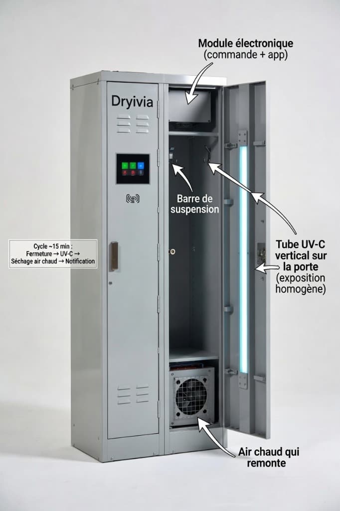 Casier Dryivia — Module UV-C, barre de suspension et flux thermique 45°C